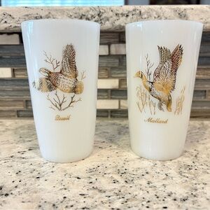 2 Federal Milk Glass Whtie & Gold Wild Game Tumblers Mallard & Quail 5”